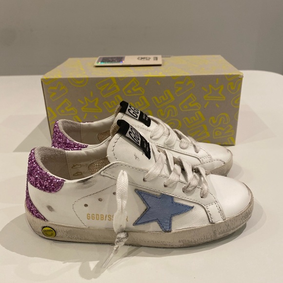 Golden Goose Kids Superstar Sneaker White Leather/Blue/Purple Glitter sz 29 NIB - Picture 2 of 8
